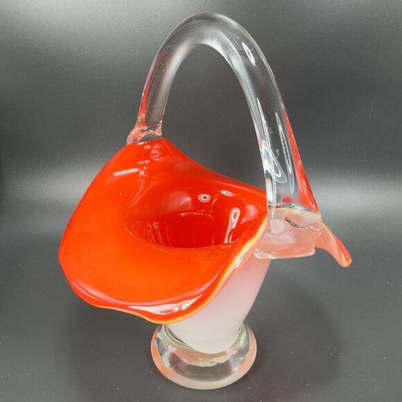 Vintage 1980s Venetian Art Glass Basket Bowl With Handle Red White Art Glass VTG - Picture 1 of 14